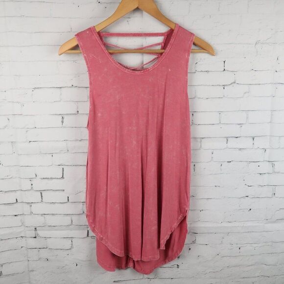 PINK DISTRESSED EXTRA LONG TANK TOP WITH CRISS CROSS BACK DETAIL SIZE MEDIUM - Picture 1 of 6